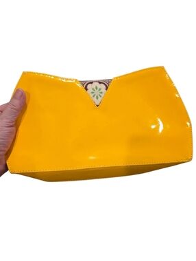 Hadley Pollet Glossy Yellow Patent V-Notch Clutch With Magnetic Closure